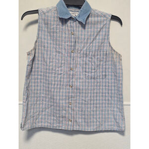 Women's Andrews Blues Plaid Sleeveless Button Down Shirt M Blue Red
